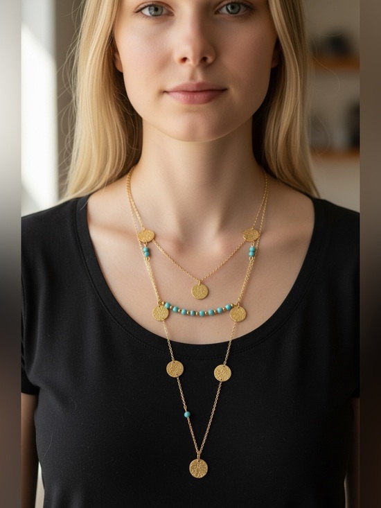Jewelry - 6/3 Gold & Turquoise Layered Disc Necklace - Women Jewelry
